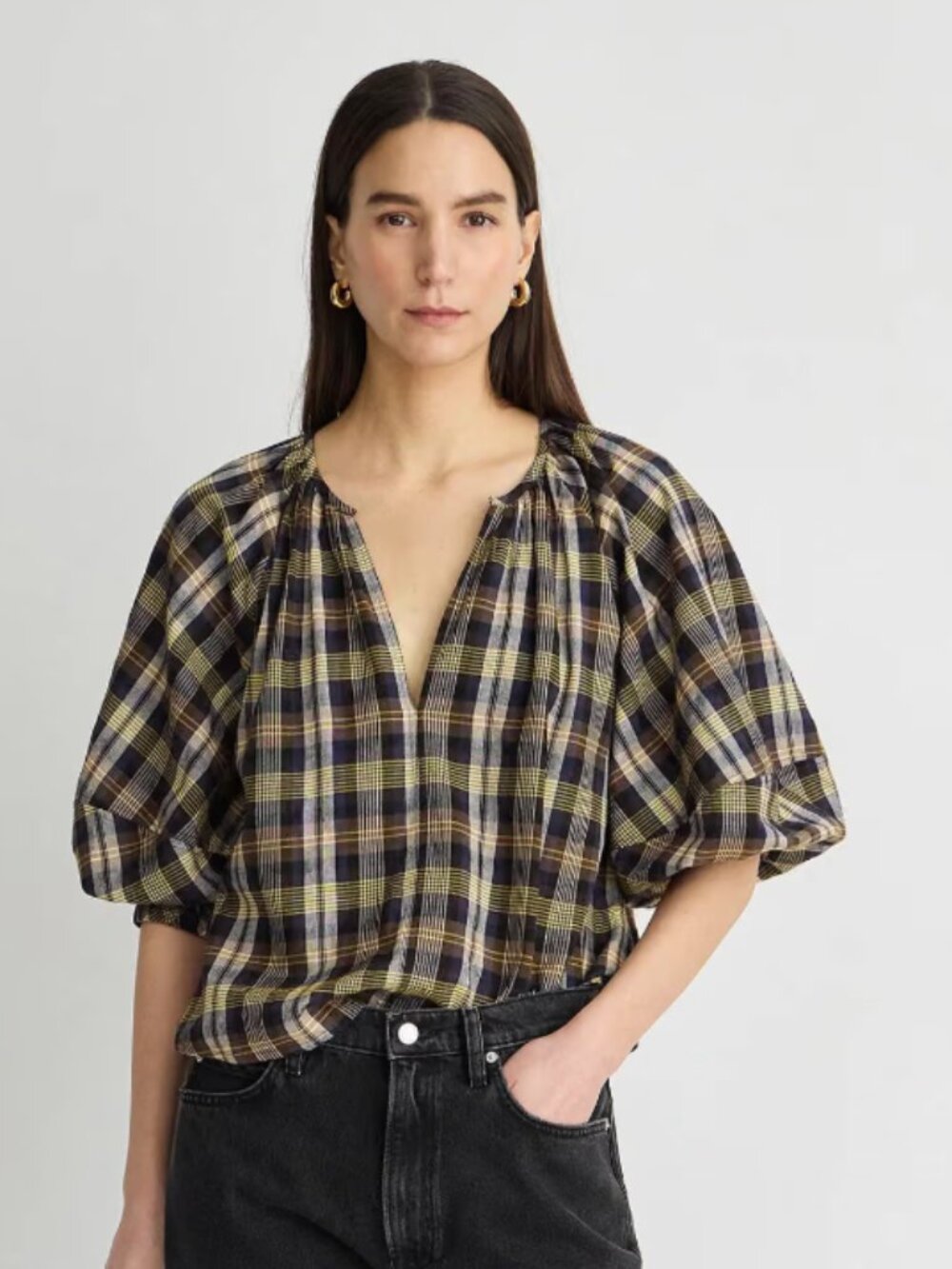 Apiece Apart Nele Lantern Sleeve Top Plaid